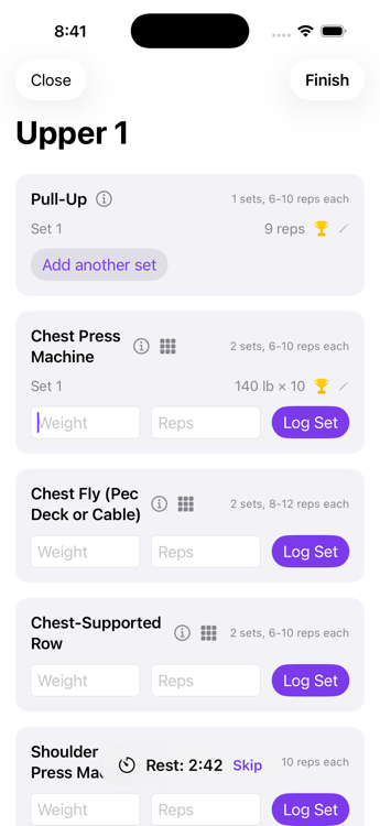 Logging a set during a workout, with a personal record trophy and a rest timer counting down