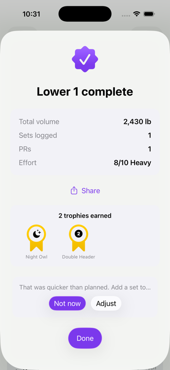 Session summary reading 2,430 lb total volume, 1 set, 1 PR, effort 8 out of 10, with two trophies earned