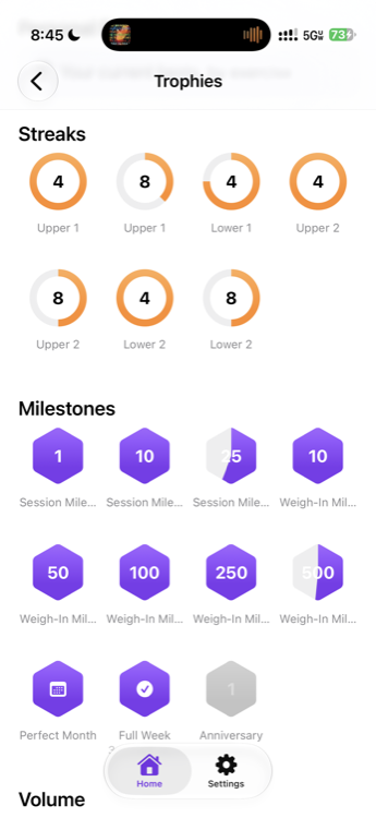 The trophy gallery showing training streaks per workout and milestone badges for sessions and weigh-ins, several partly filled