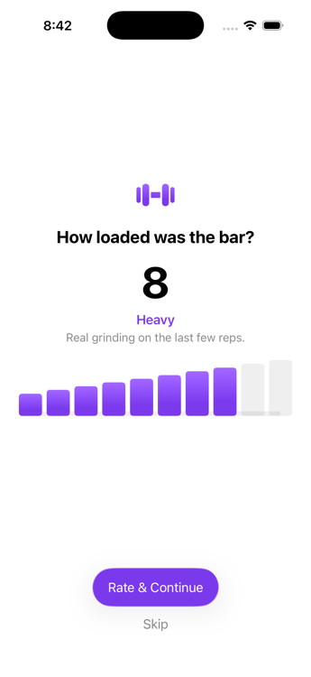 The effort rating screen asking how loaded the bar was, with a row of plates to drag across
