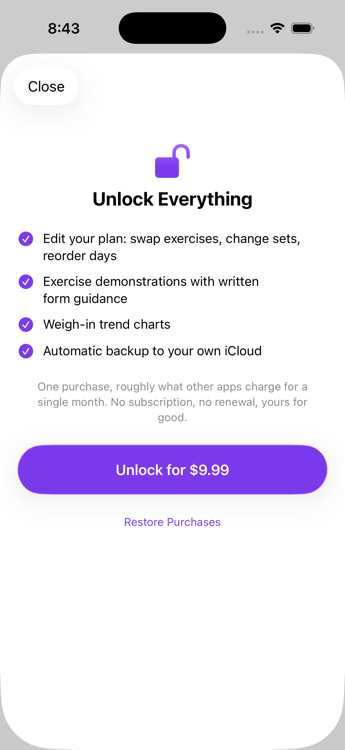 The in-app unlock screen listing the four paid features and a single Unlock for $9.99 button