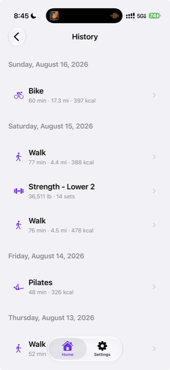 History timeline showing a bike ride, walks, a Pilates session and a strength session with total volume and set count